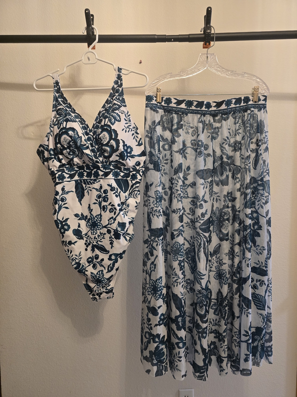 BloomChic White and Teal Floral One-Piece Swimsuit with Sheer Skirt Cover-Up